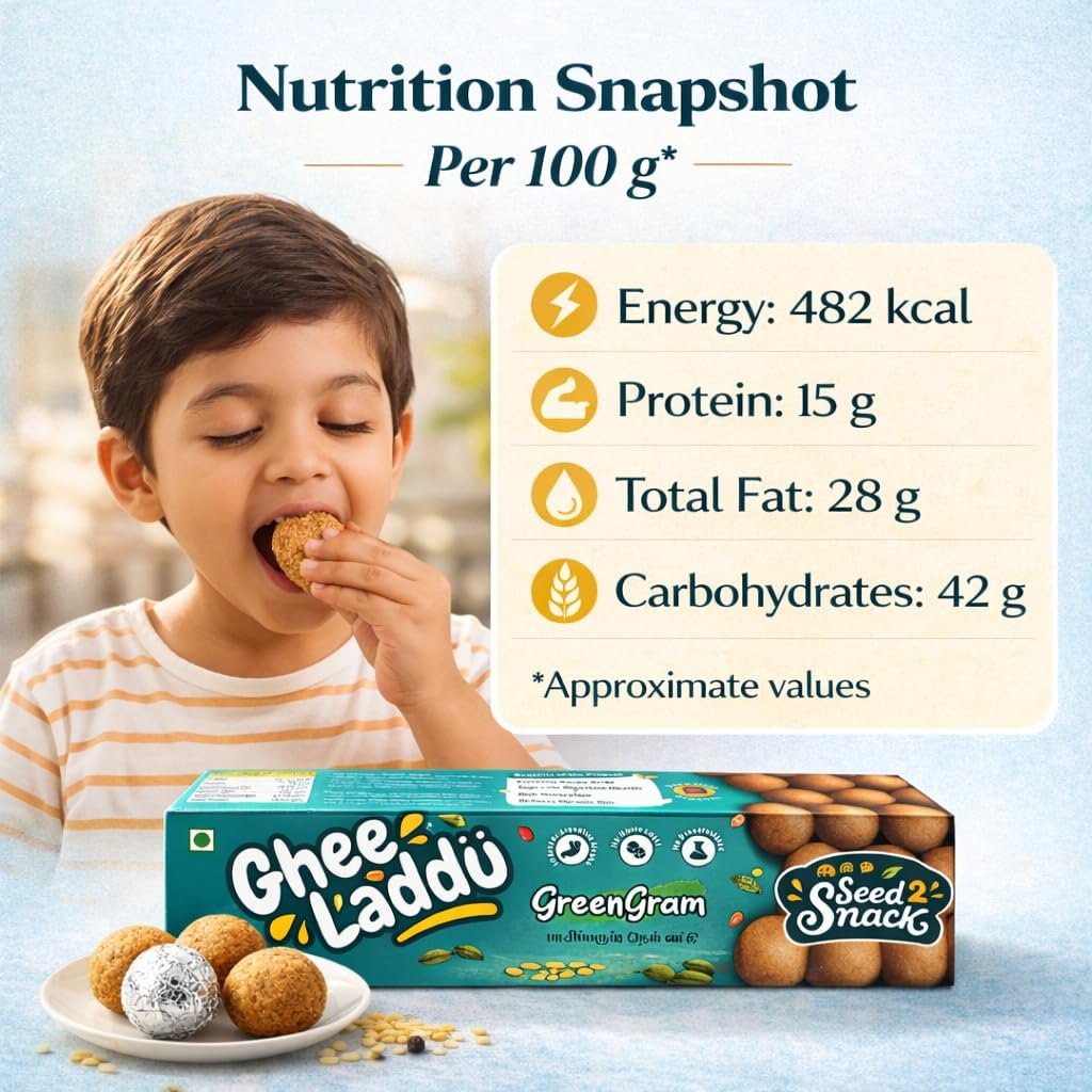 Seed2Snack Green Gram (Moong Dal) Ghee Laddu with Jaggery | Light & Protein Rich Traditional Sweet | Healthy Snack for Women, Kids & Elders (pack of 2) - Image 6